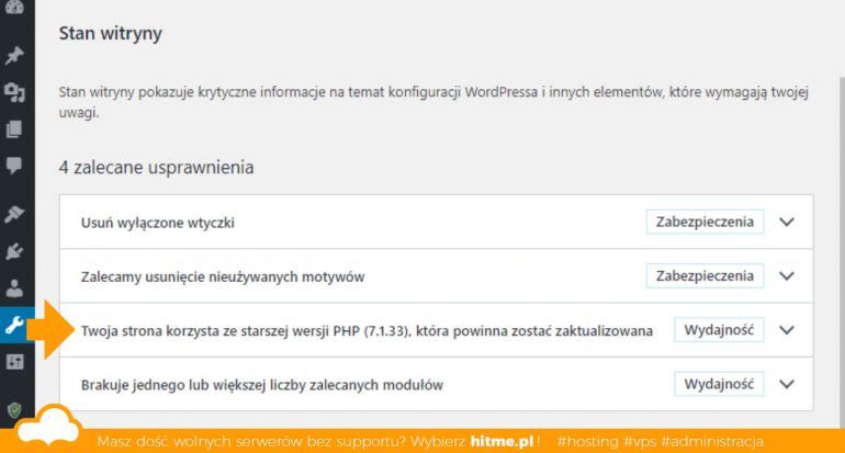 Informacja o wersji PHP w WordPress